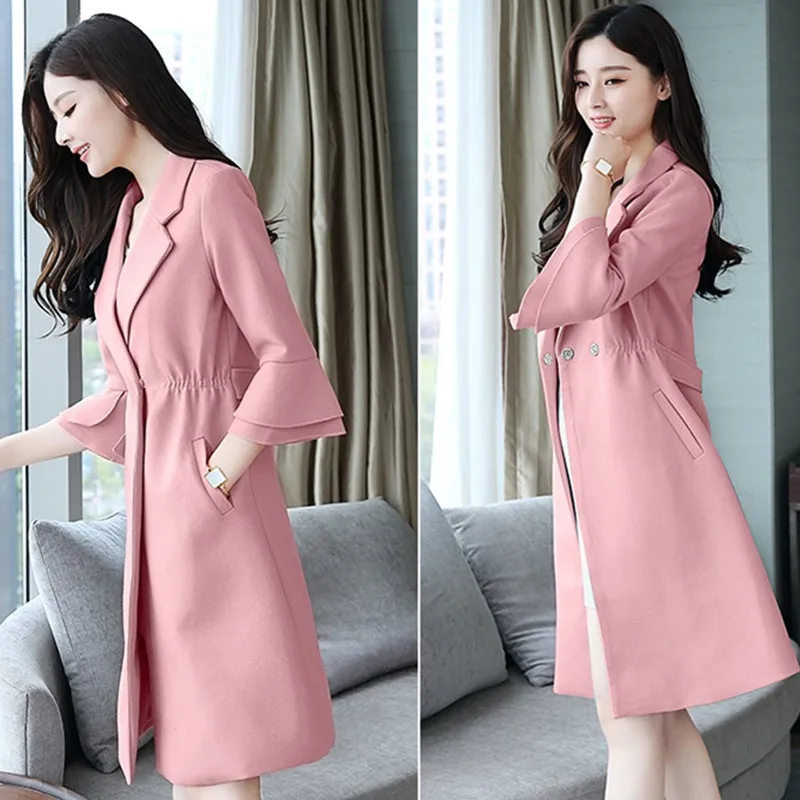 

UHYTGF M-5XL Women Autumn Woolen Jacket Fashion Trumpet Sleeve Long Wool Jacket Elegant Female student plus size outerwear 1128