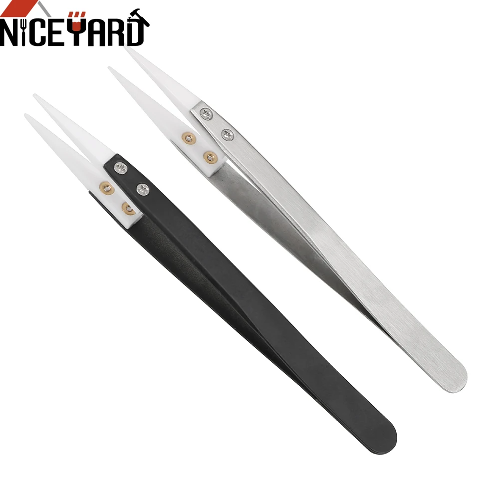 

NICEYARD Precision Ceramic Tips Tweezers Anti-static Straight Aimed Tweezers Stainless Steel Handle High Temperature Resistant