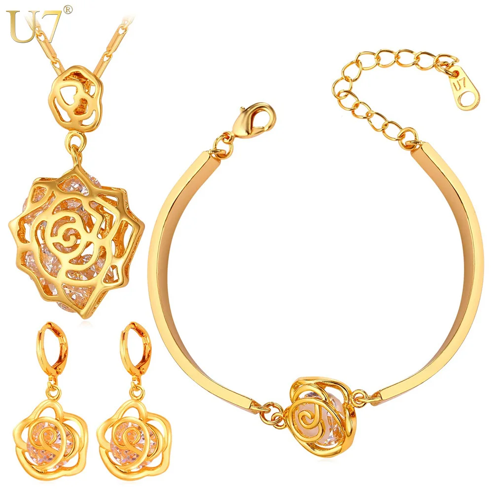 

U7 Cubic Zirconia Jewelry Set For Women Gold Color Romantic Rose Flower Necklace/Earrings/Bracelet Jewelry Sets S411