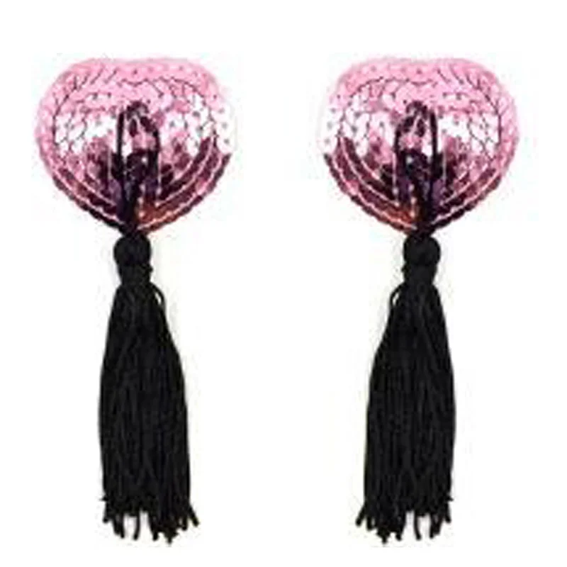 Pinkblack Женские сексуальные наклейки на соски с блестками, наклейки на грудь с кисточками, самоклеющиеся накладки на соски в форме сердца - Цвет: Pinkblack