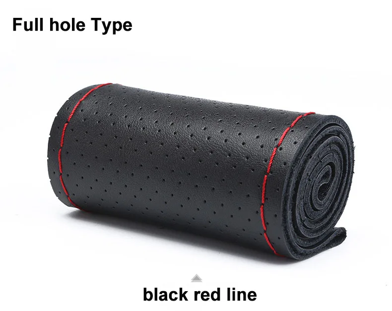 full hole red line Чехол рулевого колеса автомобиля из натуральной кожи 38 см, нескользящая оплетка на руль, универсальный чехол для рулевого колеса - Название цвета: full hole red line