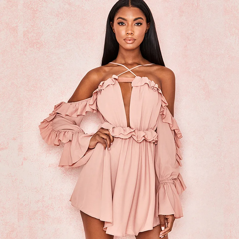 Boho женское праздничное шифоновый с открытми плечами мини-платье милые оборки