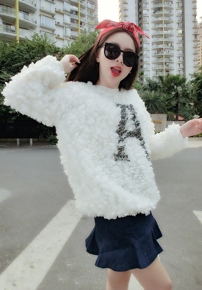 Осень / зима 2014 новый корейский волосатые мило шерсти ягнят шерсть водолазка