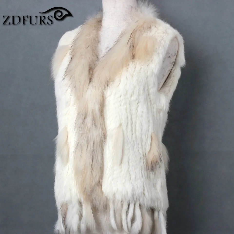 FXFURS натуральный мех кролика жилет с воротником из меха енота жилет/куртки кролика рекс вязаный зимний для женщин - Цвет: Beige
