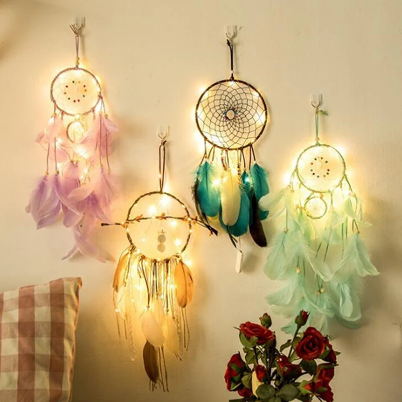 LED Fairy Lights Night Light Feather Crafts Purple Dream Catcher Colorful lamp Home/Bedroom/Girl Room Wall Hanging Decor