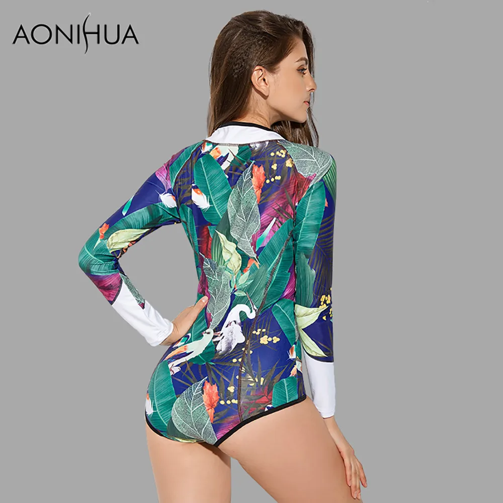 Купальник AONIHUA 2018 с художественным принтом женский слитный купальник листьев и