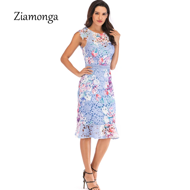 Ziamonga Autumn Women Fashion Mermaid Dress European Style Slim Sleeveless Printed Lace Party Elegant Sexy Bandage | Женская одежда