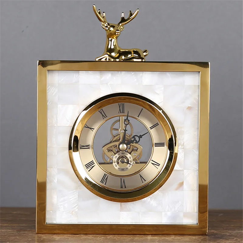 White Shell Metal Clock with Deer Living Room TV Cabinet Desk Decoration Creative Ornaments Best Gift | Дом и сад