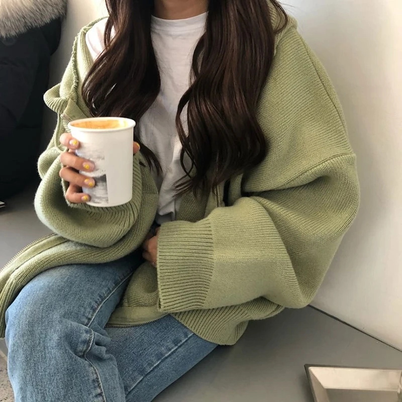 2019 Chic new fashion women's sweater Korean version of the hooded lace knit zipper solid color for women thick warm |