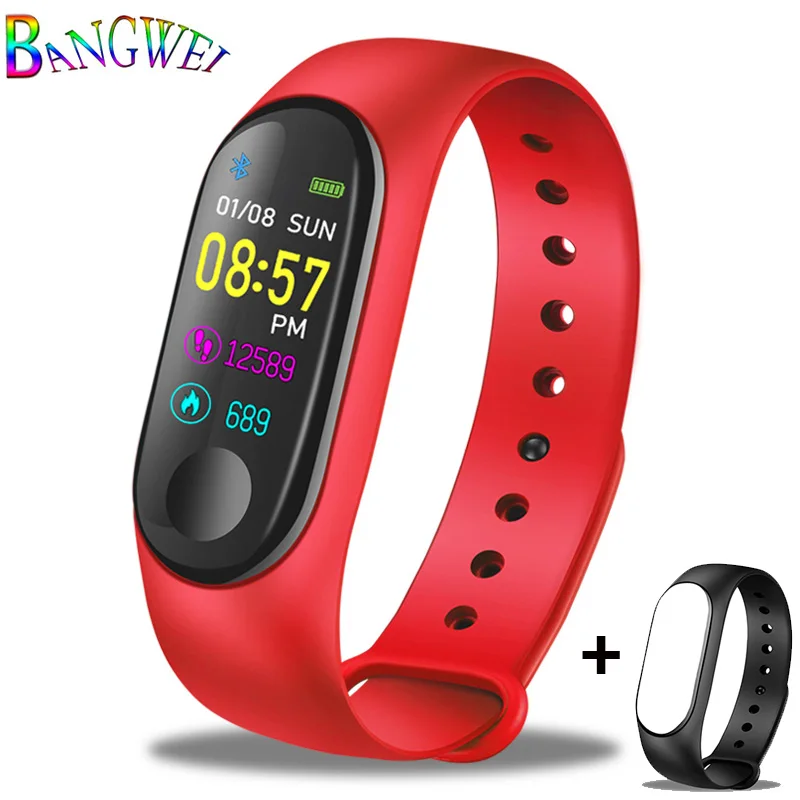 Red band BANGWEI, умный браслет, женские спортивные водонепроницаемые фитнес-часы, кровяное давление, пульсометр, шагомер, умный браслет+ коробка - Цвет: Red band