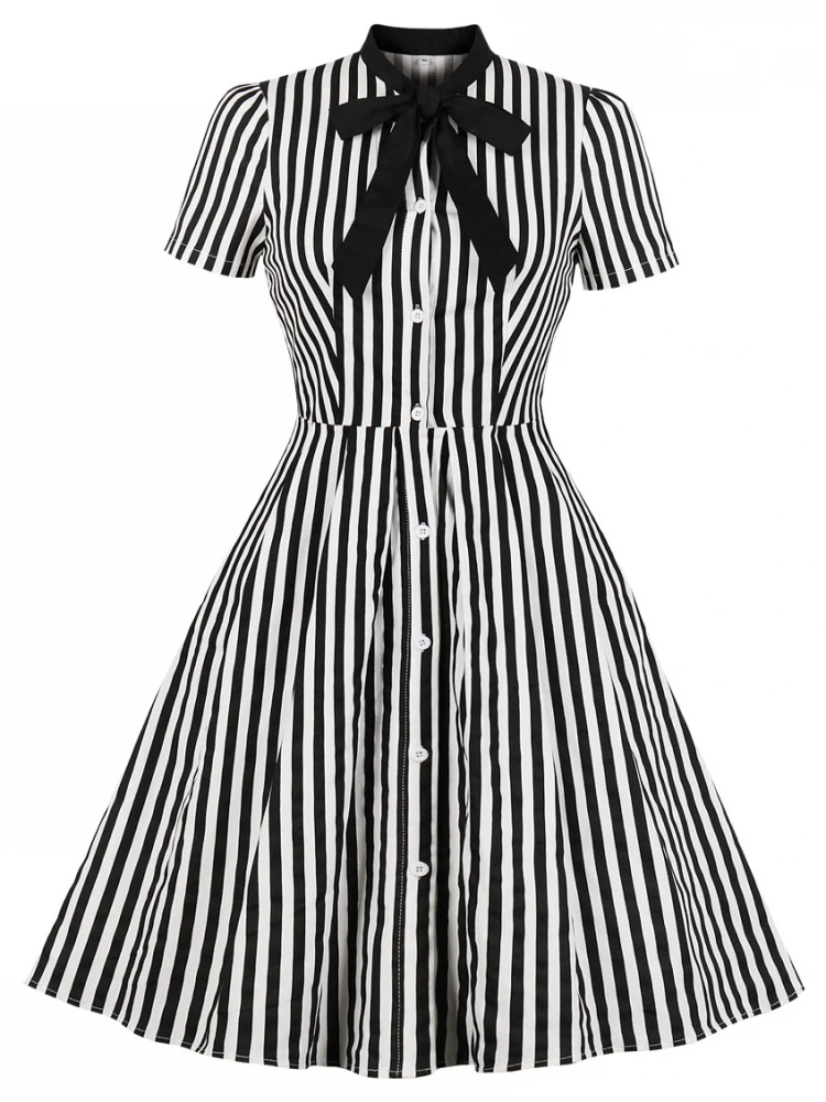 

2019 Retro Stripe Midi Dress Women Summer 1950s Bow Collar Elegant Office Casual Stylish Goth Ladies Vintage Rockabilly Dresses