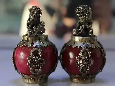 

Old Tibet Silver Red Jade Dragon Phoenix Ball Foo Fu Dog Guardion Lion Pair Statue tools wedding Decoration Brass