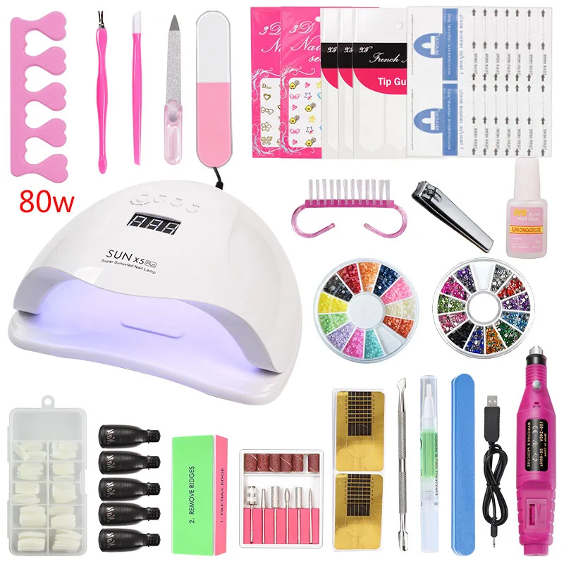 without gel 80w-X5 Комплекты набор для маникюра 36 Вт/48 Вт/80 Вт Светодиодная УФ лампа для ногтей строительный гель для полировки набор для расширения 10 цветов гель-лаков принадлежности для профессионалов маникюрный набор для ногтей - Цвет: without gel 80w-X5