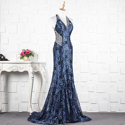 JANCEMBER Роскошные vestidos de noche Бисероплетение с кристаллами без рукавов цветочный принт Часовня Поезд Русалка новая одежда - Цвет: Тёмно-синий