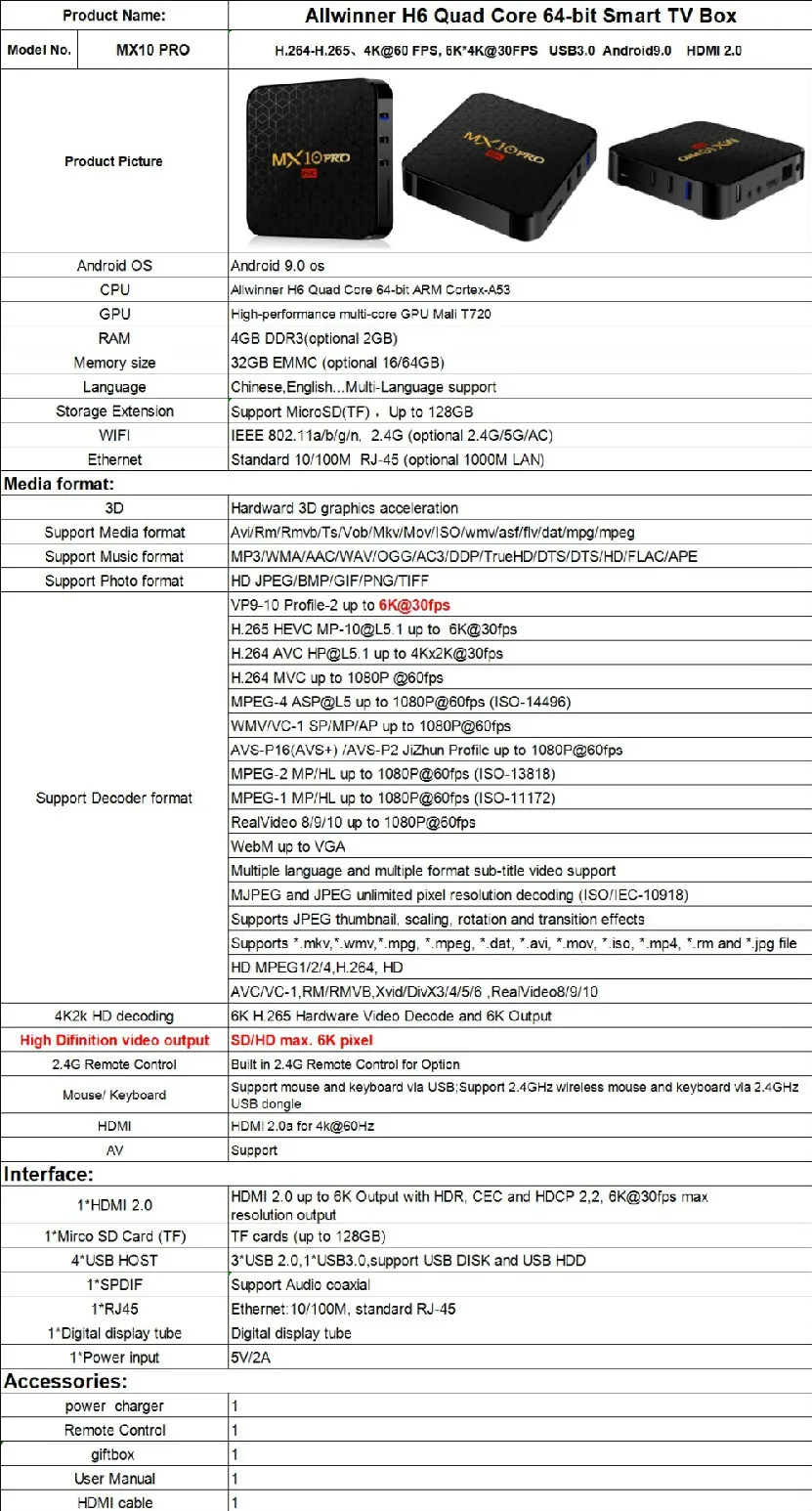 Смарт ТВ-приставка MX10 Pro 4 Гб + 64 ГБ Android 9 0 четырехъядерный Allwinner H6 приставка 6K DDR3 с