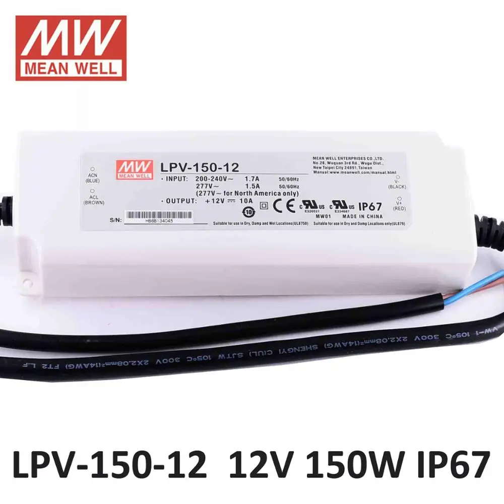 Оригинальный Mean well 12 В 24VDC импульсный источник питания LPV-150W AC/DC Светодиодный драйвер 180 ~ 305VAC вход 120 Вт 36 В 48 В DC Светодиодный источник питания