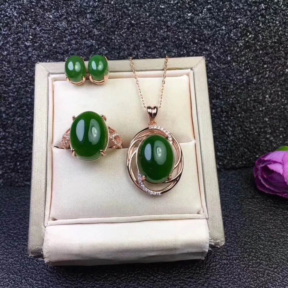 

KJJEAXCMY boutique jewels 925 pure silver inlaid natural jade girl Pendant Necklace Ring Earring kit support test