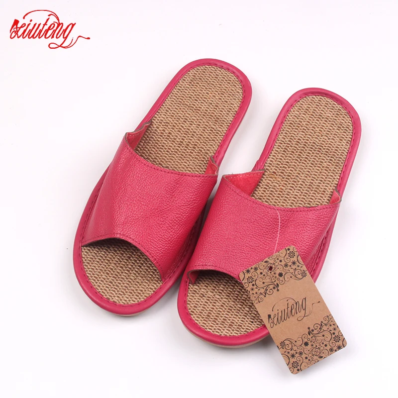 Женские льняные тапочки на плоской подошве нескользящая подошва из коровьей