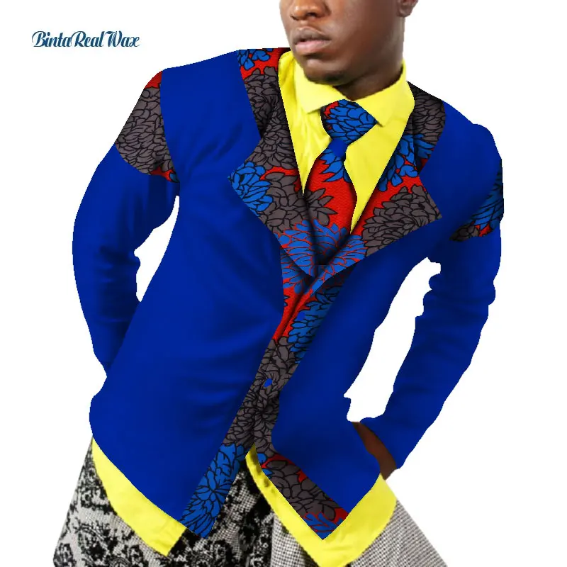African Men Clothing Bazin Riche Patchwork Print Tops Coat Shirt Necktie Cotton Dashiki African Design Clothing WYN519