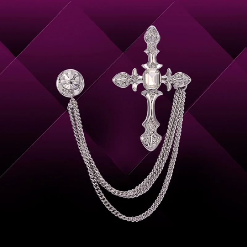 Модная белая брошь для мужчин недорогая со стразами с крестом на лацкане