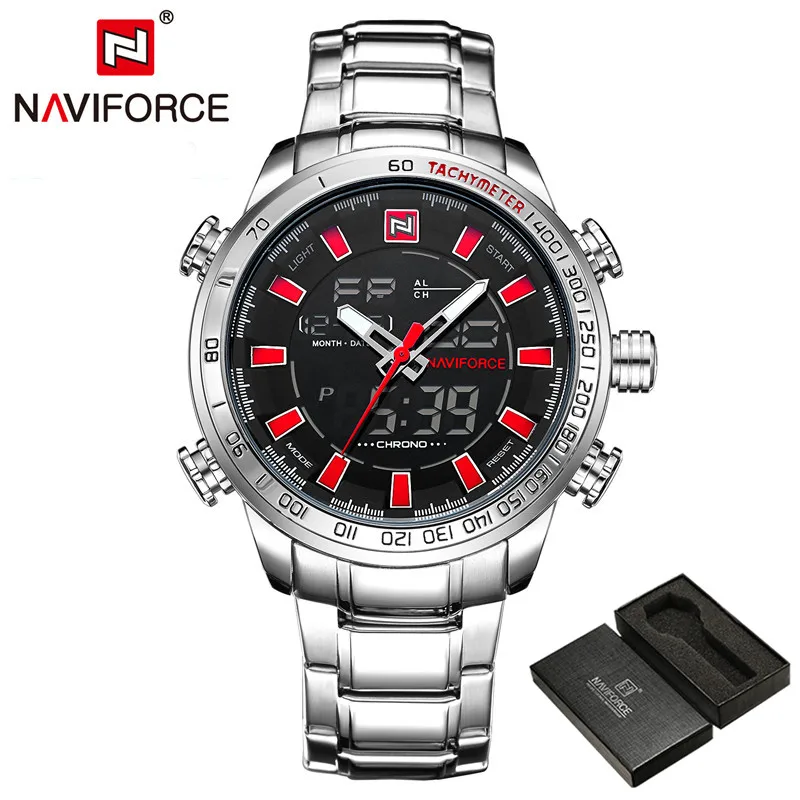 NAVIFORCE, мужские часы, цифровые, спортивные, мужские, s, наручные часы, лучший бренд, Роскошные, военные, из нержавеющей стали, аналог, светодиодный, кварцевые, мужские часы 9093 - Цвет: NA909306 with box