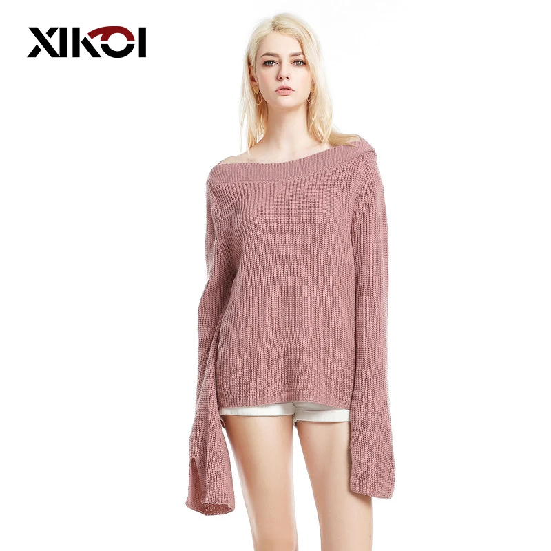 XIKOI Large Size Women's Clothing Soft Sweaters Shirt Plus Long Flare Sleeve Solid Knitted Sweater Ladies Sexy Pullovers Jumpers | Женская
