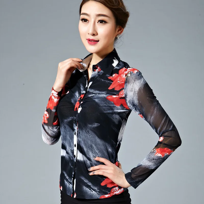 Осень 2017 Женская узкая стрейчевая блузка с длинным рукавом и цветочным принтом