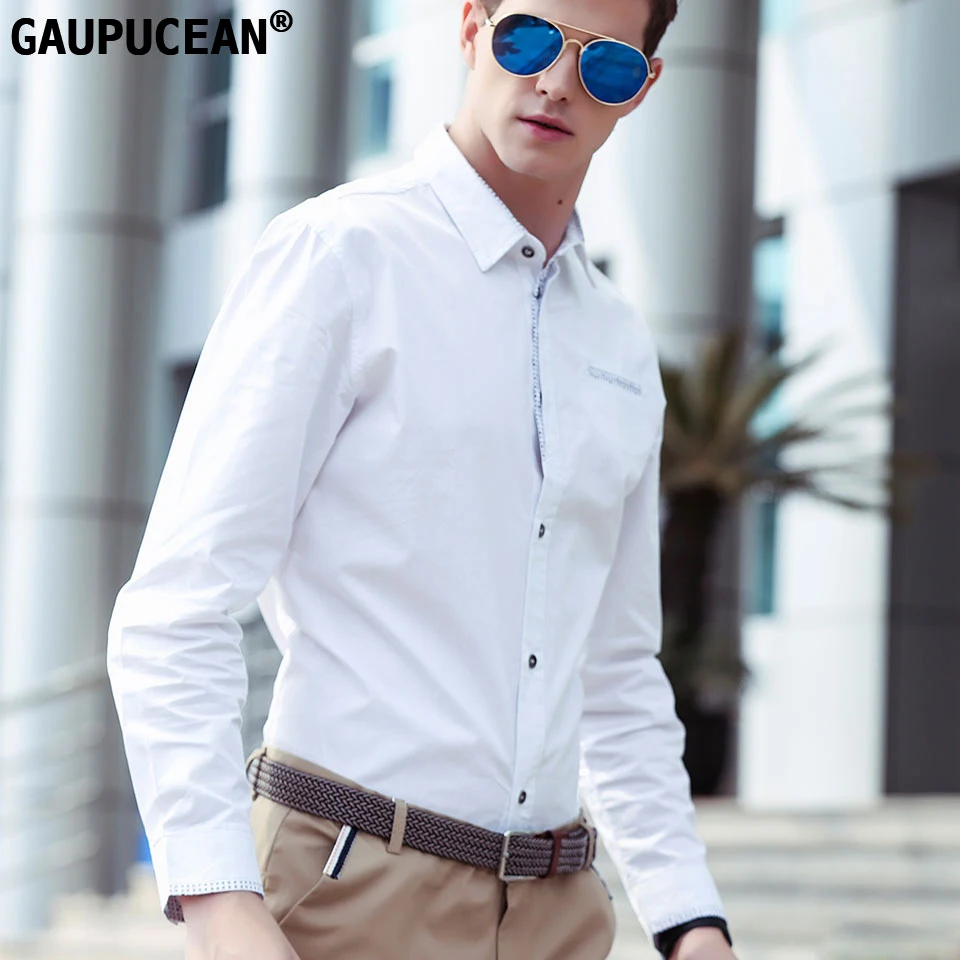 Мужская однобортная рубашка с длинным рукавом однотонная деловая из 100% хлопка