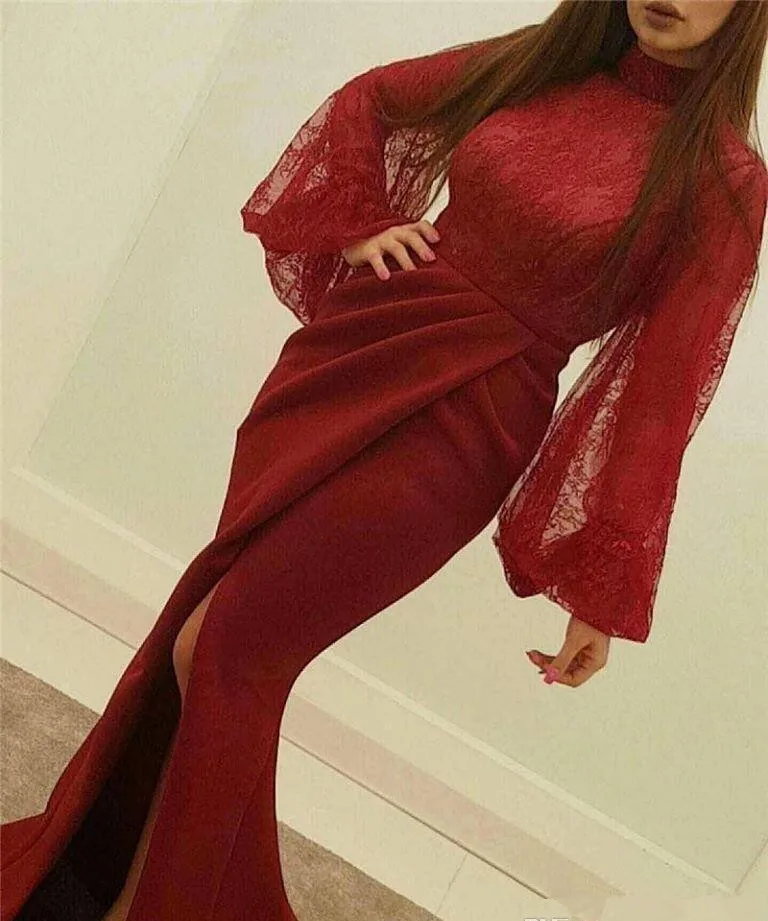 

Red Muslim Evening Dresses Mermaid Long Sleeves Lace Slit Sexy Formal Islamic Dubai Saudi Arabic Long Elegant Evening Gown