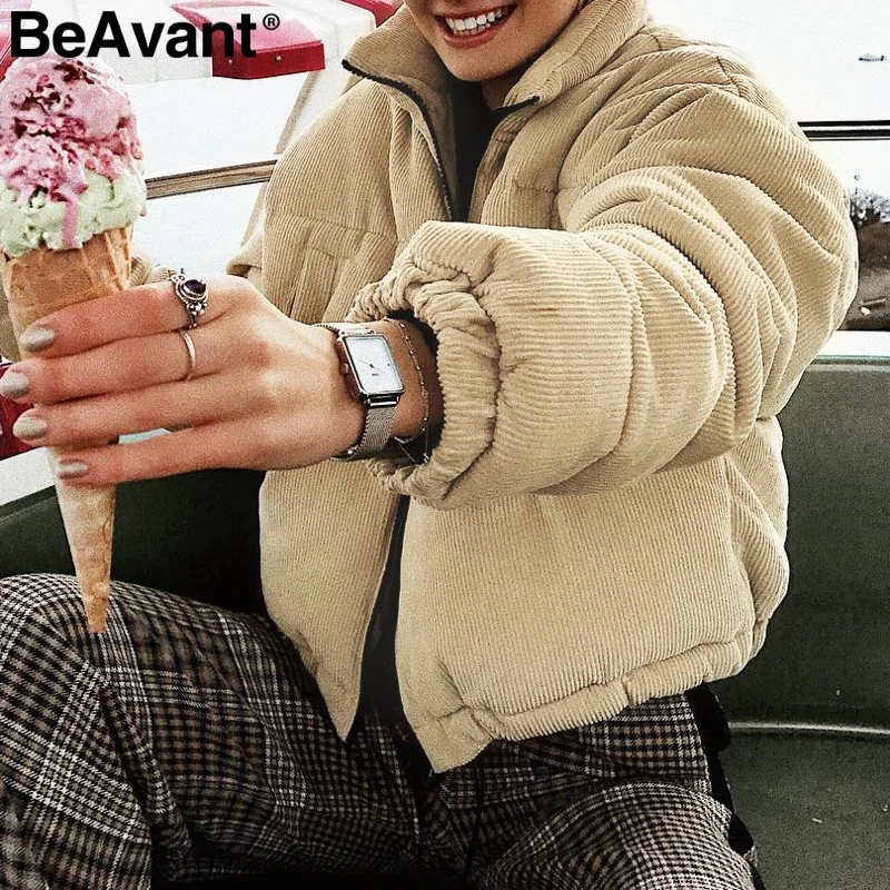 BeAvant хаки Вельветовая зимняя куртка Женское пальто Теплая стеганая парка 2018