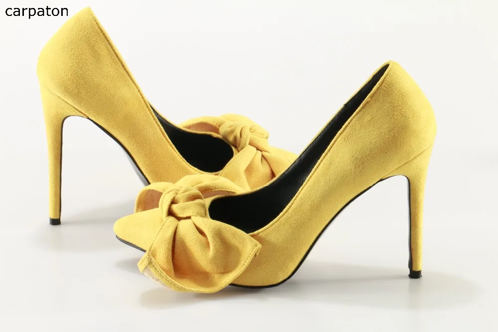 

Newest Hot Selling Yellow Suede High Heel Shoes Sexy Pointed Big Butterfly-Knot Dress Shoes Woman Stiletto Heels Party Shoes