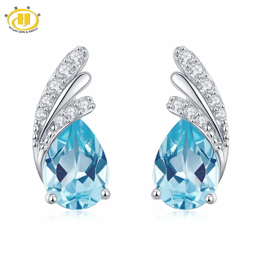 Серьги гвоздики из серебра 925 пробы с натуральным голубым топазом|stud earrings|gemstones blue