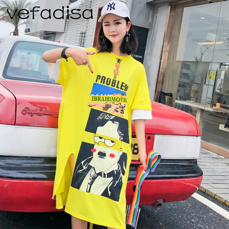 Vefadisa Character Pattern Print Dress 2018 Robe Femme Ribbon Decoration Women Asymmetric Plus Size Split AD1804 | Женская одежда