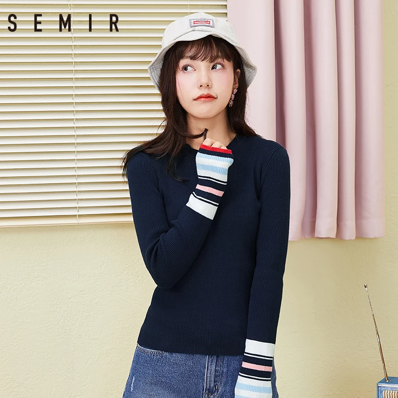SEMIR women sweater 2018 spring New slim Knitwear cotton woman stripe unlined upper garment Round collar trend Sweaters | Женская одежда
