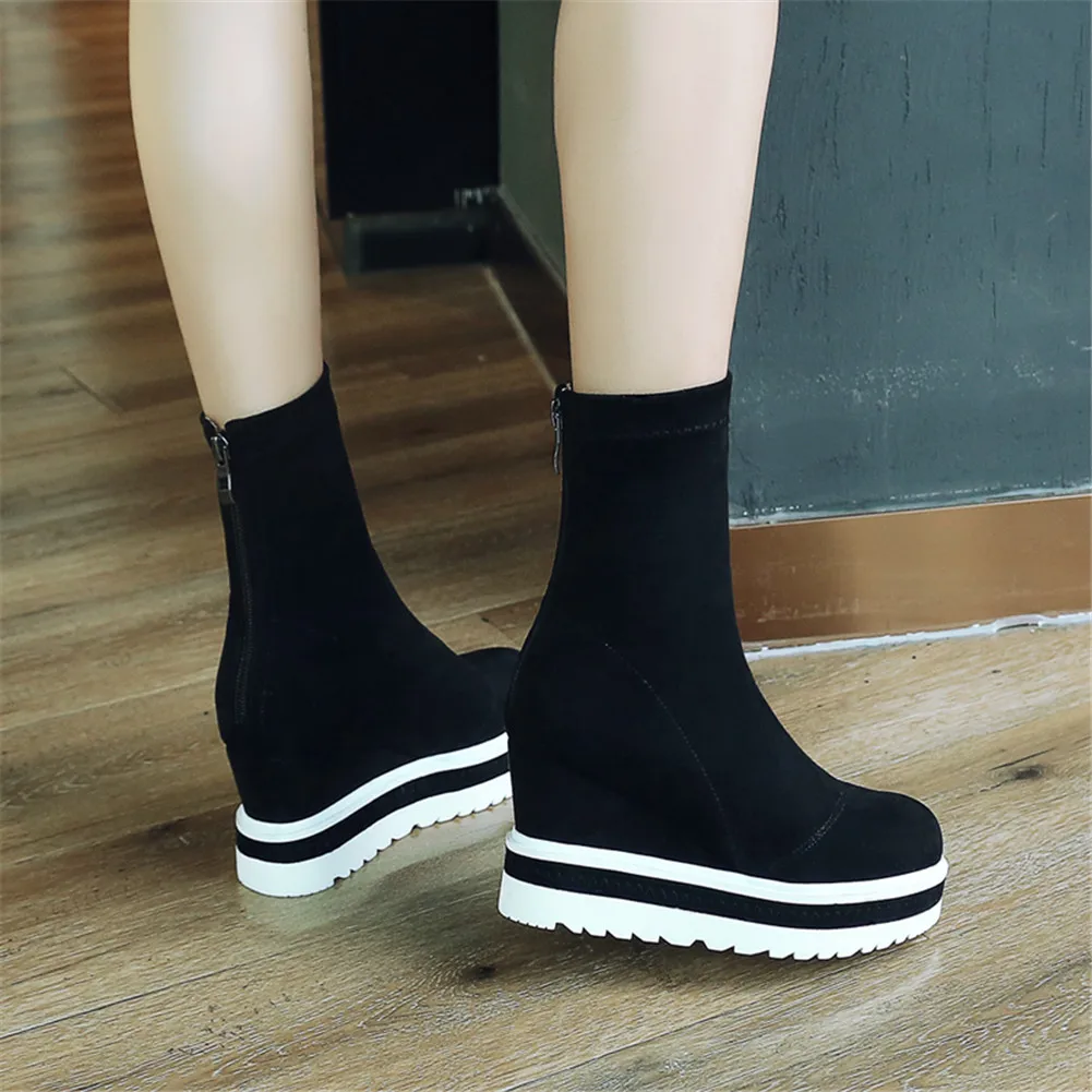 RIBETRINI Brand New women's Genuine Leather Ladies Wedges High Heels Platform Shoes Woman Casual Soft Autumn Ankle Boots