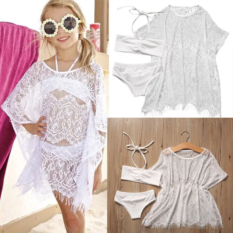 

3 Pcs Baby Girls Beach Chiffon Cover-Ups+Bikini Sets Swimsuit Swimming Oufits Cute Girl Beachwear Dress 1-6Y