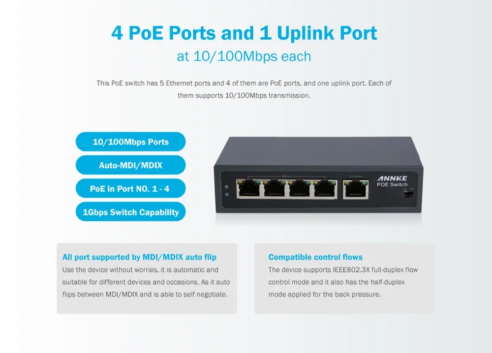 ANNKE 4POE 1FE 250 м дальний коммутатор POE для ip-камеры беспроводной точка доступа компьютерные сети возможность переключения 1 Гбит/с