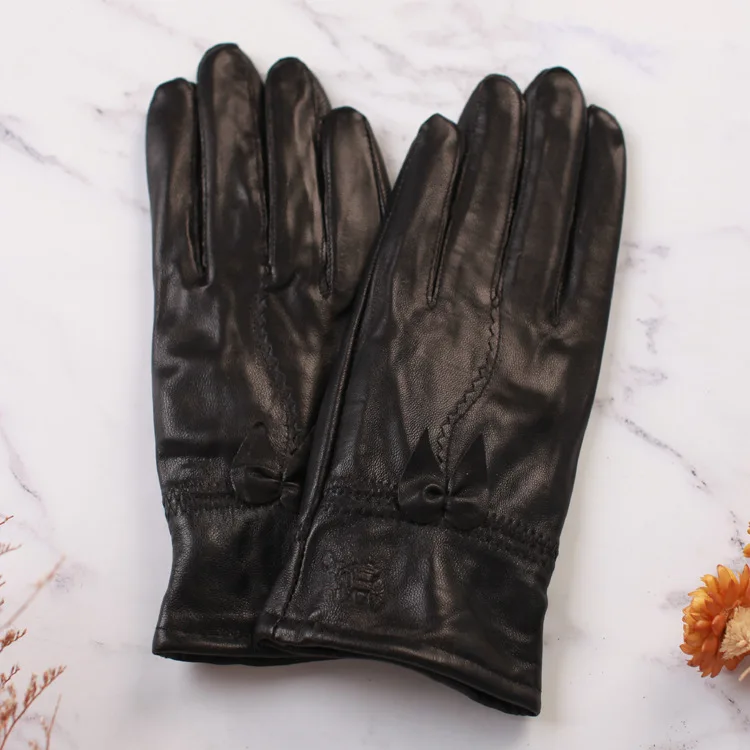 Small Bow Black Женские перчатки из натуральной овечьей кожи с бабочкой, нотл, натуральный мех кожа, Женские варежки, женские зимние толстые теплые перчатки для вождения, G200 - Цвет: Small Bow Black