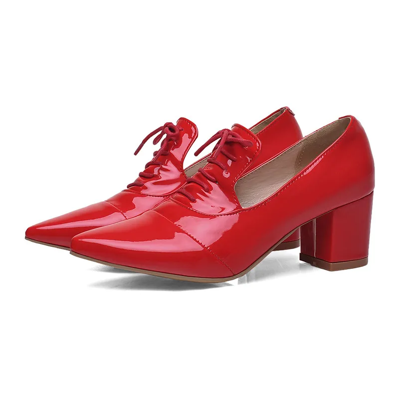 red LVABC/Дамская обувь Большие размеры 31-45, женские туфли-лодочки в британском стиле Демисезонные женские туфли с острым носком на не сужающемся книзу высоком массивном каблуке со шнуровкой B - Цвет: red