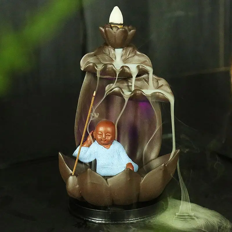 

Little Monk Backflow Incense Burner Buddha with 10Pcs Incense Ceramic Smoke Waterfall Incense Holder Home Decor Aromatherapy