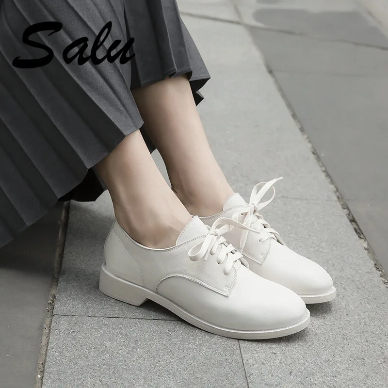 

Salu 2020 Genuine leather Women Pumps Solid Wedding Shoes Sandals Slip on low Heels round Toe Square Heels Shoes Women
