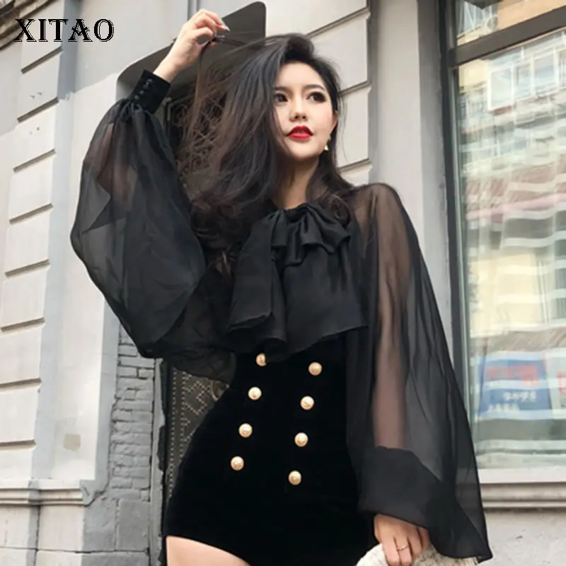 XITAO/плиссированная шифоновая блузка с бантом в сеточку открытой спиной западном