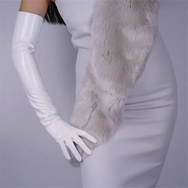 patent leather white Модные длинные стильные женские перчатки из лакированной кожи 60 см, имитация кожи, зеркальные Яркие Кожаные женские перчатки из искусственной кожи PU60 - Цвет: patent leather white