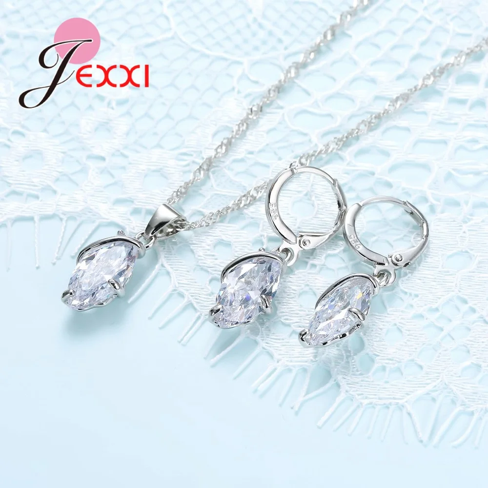 Clear White Crystal Necklace Pendent Earring Set For Women 925 Sterling Silver Lady Elegance Wedding Setv | Украшения и