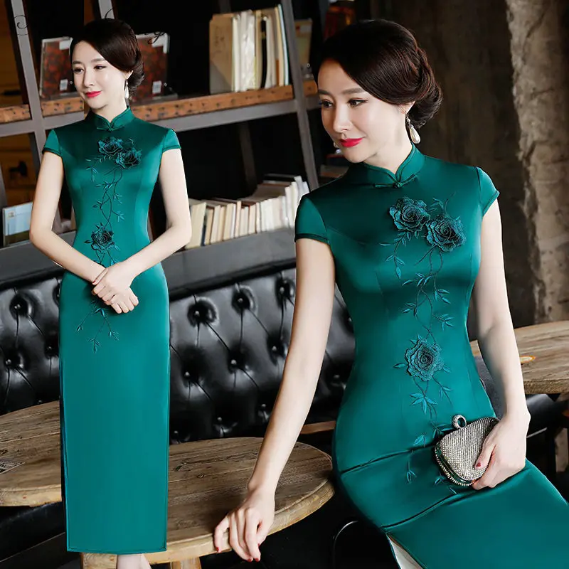 Высокая мода зеленый район Cheongsam Китайский классический Для женщин Qipao элегантный короткий рукав новинка длинное платье S-3XL CC515