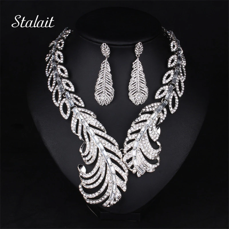 

New White Feather Bridal Jewelry Sets Full Rhinestones Short Collar Choker Necklace Earring Big Wedding Dresses For Women