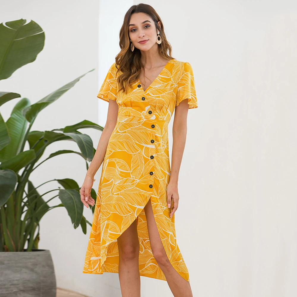 2019 Sundress Ladies Holiday Summer Dress V Neck Casual Short Sleeves Beach Buttons Slim Dresses | Женская одежда