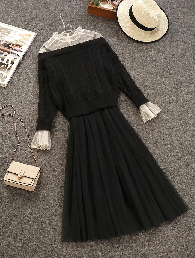 Женские вязаные платья из двух частей в стиле пэчворк весна 2019 длинный рукав