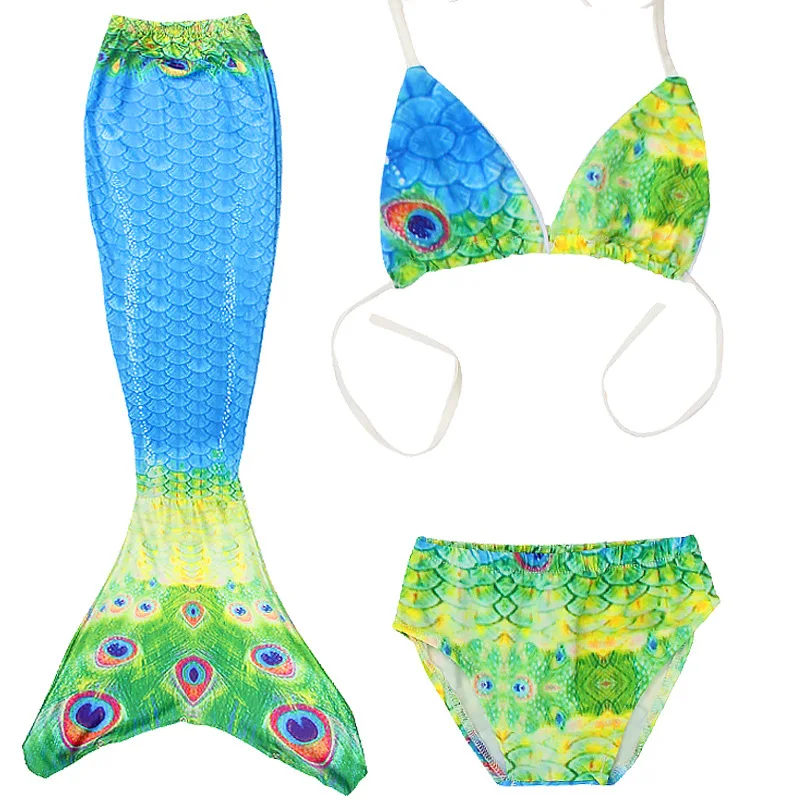 Peacock Bra Купальный костюм Русалочки для девочек 11 цветов; костюм из 3 предметов для костюмированной вечеринки; Детский костюм с хвостом Русалочки Ариэль; детский купальник - Цвет: Peacock Bra