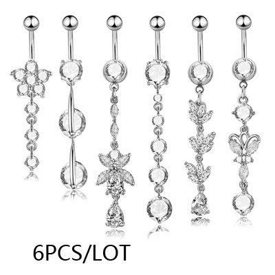 silver 6 шт./компл. с украшением в виде кристаллов Нержавеющая сталь серьга, пирсинг для ногтей Кольца для пупка украшения для пирсинга ювелирные изделия оптом для женщин - Окраска металла: silver